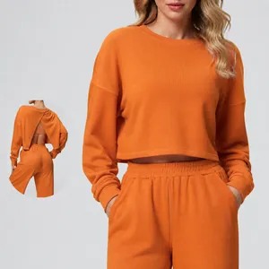 Women's Backless Cropped Sweatshirt Round Neck Long Sleeve Top Casual Sports Fitness Gym Pullover Cotton Blend Solid Color Workout Athletic Wear