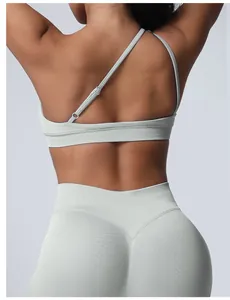 Back view detail of seamless asymmetric one-shoulder sports bra and yoga leggings
