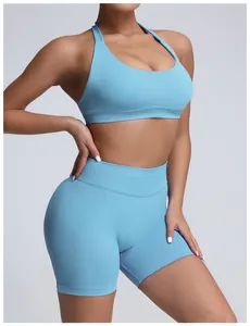 Detail view of light blue seamless high-waisted yoga shorts set for women's fitness