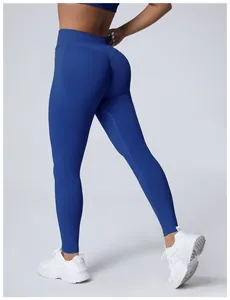 Rear view of seamless royal blue high-waisted yoga leggings with butt-lift contouring