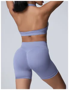 Back view of lavender seamless high waist yoga shorts for women fitness gym wear