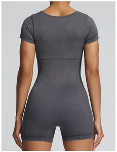 Detailed back view of a grey seamless ribbed short sleeve athletic yoga bodysuit