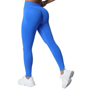 Premium high-waisted seamless blue yoga leggings featuring a peach butt lifting design