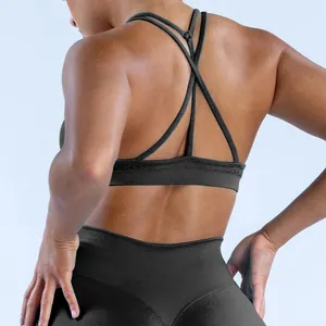 Detail shot of seamless sports bra showing high-elasticity cross-back strap design in black.