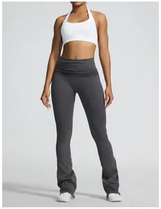 Close-up view of seamless sand-washed flare yoga pants with fold-over waistband