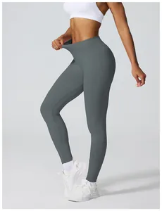 Seitenansicht grauer nahtloser Yoga-Leggings mit hoher Taille und hoher Elastizität für Sport