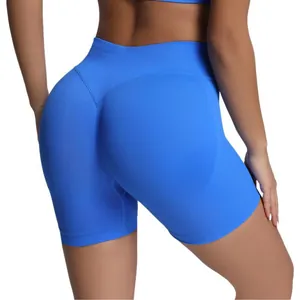 Blue high-waisted seamless yoga shorts for women featuring a butt-lifting design