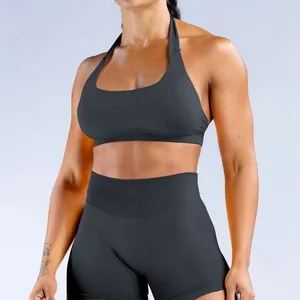 Vista detallada del conjunto de sujetador deportivo halter y pantalones cortos mate.