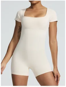 Detail view of seamless ribbed short sleeve yoga bodysuit with square neck design