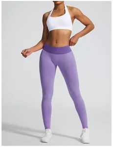 Hoch taillierte lila nahtlose Yoga-Leggings mit Pfirsich-Po-Hebe-Effekt für Damen