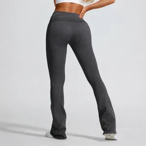 Seamless sand-washed flare yoga pants with stylish high-waist fold-over waistband