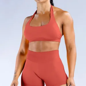 Nahtloses Terracotta-Yoga-Set bestehend aus Neckholder-Sport-BH und Shorts