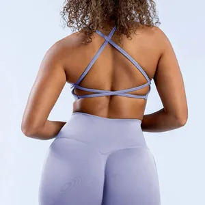 Detailed back view of a seamless lilac yoga sports bra with criss-cross back straps
