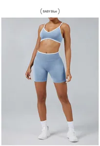 Detail of baby blue contrast yoga set featuring sports bra and high-waist shorts