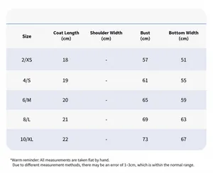 Detailed size chart for the sports bra showing bust and length measurements for XS to XL sizes.