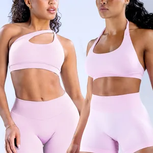 Conjunto de Yoga Sin Costuras para Mujer Sujetador Deportivo Halter y Parte Inferior de Talle Alto Nylon Spandex Gimnasio
