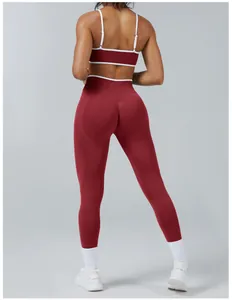 Detailed back view of red sports bra and high-waisted leggings set for yoga fitness
