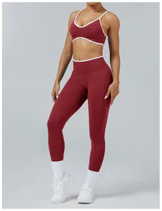 Detailed shot of a stylish red and white contrast yoga set with sports bra and leggings