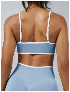 Detailed back view of a blue and white contrast sports bra with adjustable straps