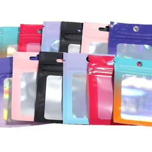 Bolsas de embalaje láser holográficas coloridas con ventana y cierre hermético