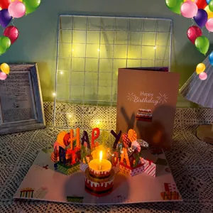 Vue détaillée carte d'anniversaire 3D avec gâteau au chocolat et bougie.