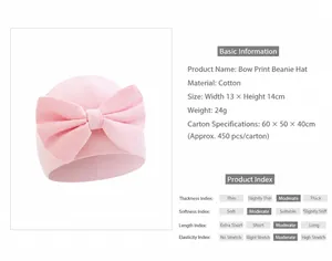 Detailed technical specifications and dimensions for newborn baby turban hat with bow.