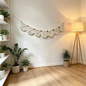 Handmade boho macrame wall hanging with decorative fringe and wooden beads in cozy room setting