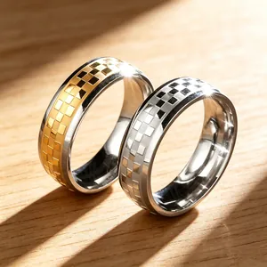 Anello A Fascia A Scacchi In Acciaio Inossidabile 316 Motivo A Rete Gioielli Minimalisti Per Uomini Donne