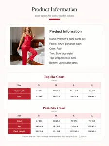 Tabla de tallas e información del producto para el pijama de satén rojo de mujer.
