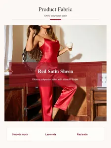 Vista detallada del conjunto de pijama de satén rojo con tela brillante y encaje.