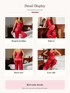 Vista detallada del elegante conjunto de pijama de satén rojo con encaje delicado.