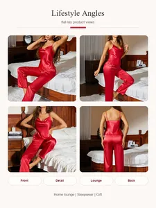 Vistas detalladas multiángulo del conjunto de pijama de satén rojo y encaje para mujer