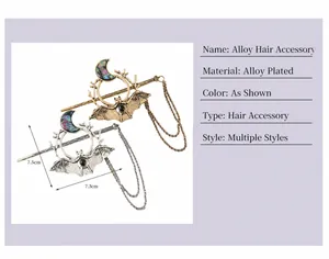 Detail view showing Gothic bat crescent hair stick dimensions and product parameters