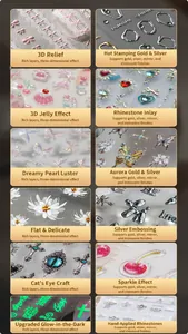 Showcase of various nail sticker effects like 3D relief, gold stamping, and cat-eye finish