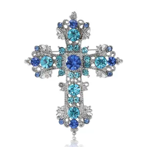 Vintage Alloy Rhinestone Cross Brooch Shiny Hollow Out Fashion Clothing Accessory Pin For Women
