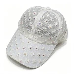 Damen Süße Organza Baseballkappe Mit Blumenmuster Atmungsaktive Spitze Netz Sonnenhut Mit Strasssteinen Eleganter Verstellbarer Reisehut