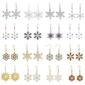 Christmas Snowflake Earrings Zinc Alloy Inlaid Rhinestone Enamel Hook Dangle Winter Jewelry Women