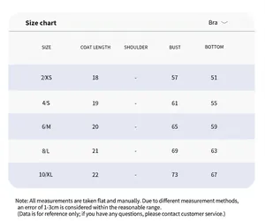 Detailed size chart for women's sports bra yoga top including XS-XL measurements