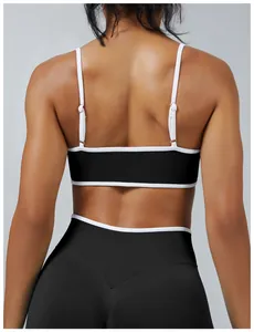 Close-up back view of black ribbed sports bra with white straps and matching leggings