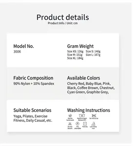Yoga set product detail chart with 90% nylon fabric and size weight specs