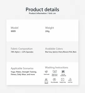 Detaillierte Produktspezifikationen und Waschhinweise für sportliche Yoga-Shorts.