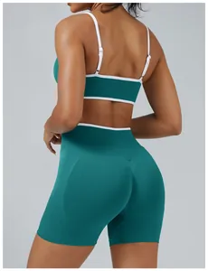 Back view of teal color block workout set showing ribbed texture and white contrast trim