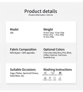 Specifications and washing instructions for a professional backless quick-dry yoga set