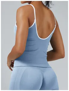 Rückansicht eines blauen Damen-Yoga-Tanktops mit weißem Kontrastrand und Rückenausschnitt