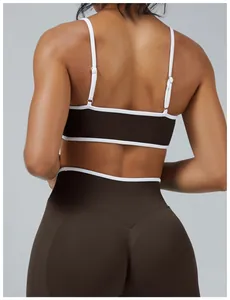 Back view of brown and white contrast color sports bra and high-waisted yoga leggings