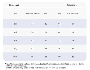 Detailed size guide table for yoga trousers showing length, waist and hip measurements