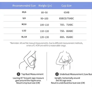 Size chart and measurement guide for women's yoga sports bra set with cup details