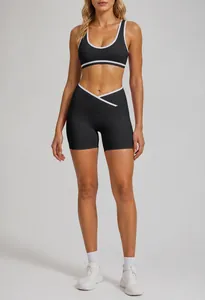 Professionelles schwarzes Sport-BH und Yoga-Shorts-Set mit hoher Taille für Fitness