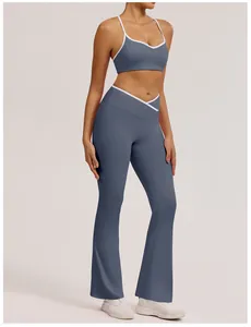 Detail showing high waist V-cross design and flare silhouette of yoga pants set