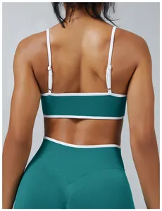 Detail back view of a teal and white ribbed sports bra with adjustable straps.